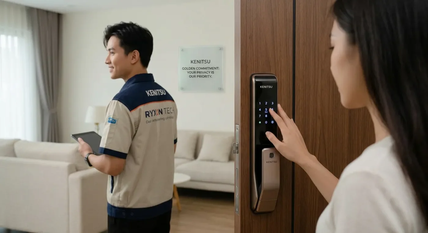 Kỹ thuật viên RYXON TECH hướng dẫn khách hàng cài đặt bảo mật khóa thông minh Kenitsu
