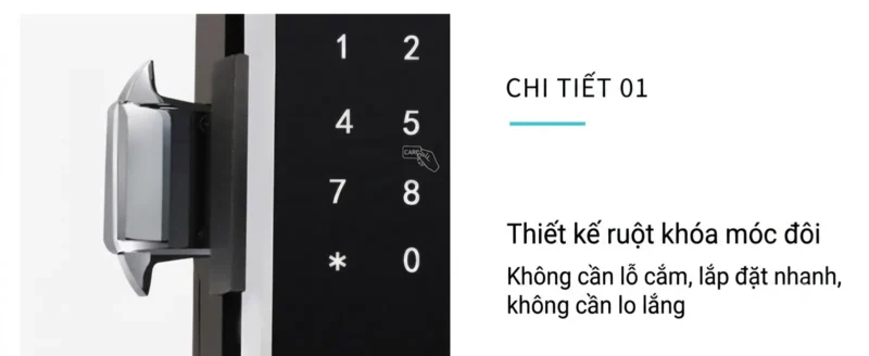 Thiết kế ruột khóa móc đôi cho khóa vân tay cửa kính lùa văn phòng Kenitsu SKH8 lắp đặt không cần khoan kính.