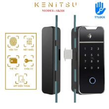 Khóa vân tay cửa kính văn phòng Kenitsu SKH8 cao cấp, hỗ trợ mở qua app điện thoại, thẻ từ và mã số không cần khoan kính.