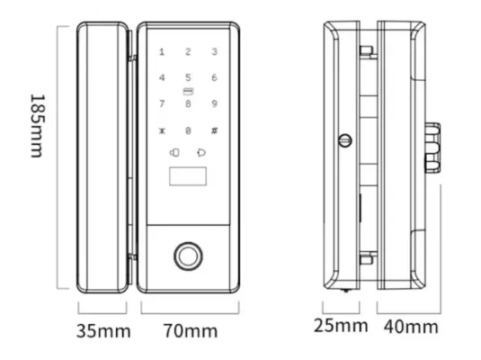 Bản vẽ kích thước chi tiết khóa vân tay cửa kính Kenitsu GK01 chuẩn khảo sát lắp đặt