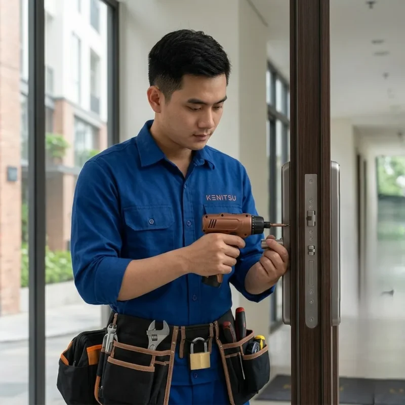 Nhân viên kỹ thuật lắp đặt khóa thông minh Kenitsu trong đợt tuyển dụng Kenitsu