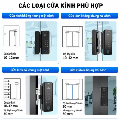Các loại cửa kính phù hợp lắp khóa Kenitsu SH9 gồm cửa một cánh hai cánh có khung và không khung