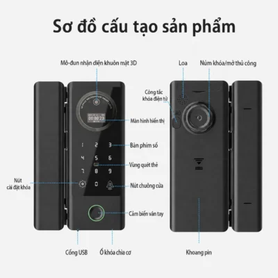 Sơ đồ cấu tạo khóa vân tay cửa kính Kenitsu SC6 mặt ngoài và mặt trong