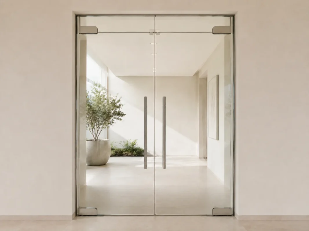 Cửa kính cường lực mở quay hai cánh với tay nắm inox