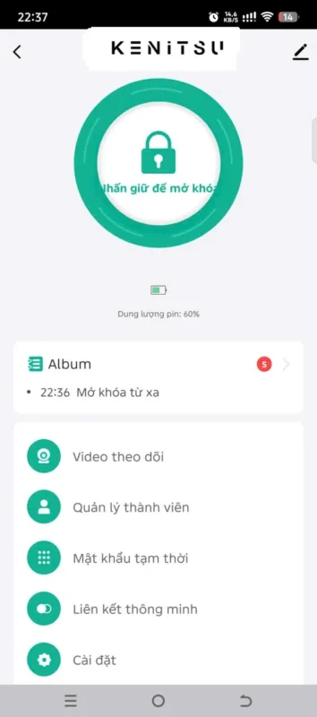 Giao diện quản lý khóa cửa nhôm Kenitsu từ xa trên điện thoại