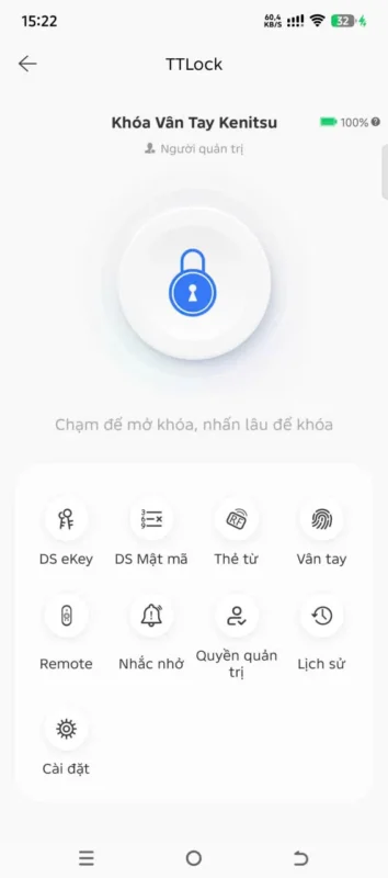 Giao diện TTLock quản lý khóa vân tay Kenitsu trên điện thoại
