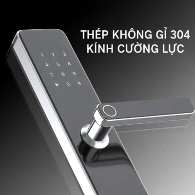 Hình giới thiệu kính cường lực và thông tin inox 304 trên khóa Kenitsu TT62