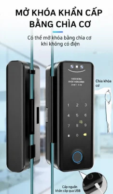Khóa cửa kính Kenitsu SH9 mở khẩn cấp bằng chìa cơ và cấp nguồn Micro-USB