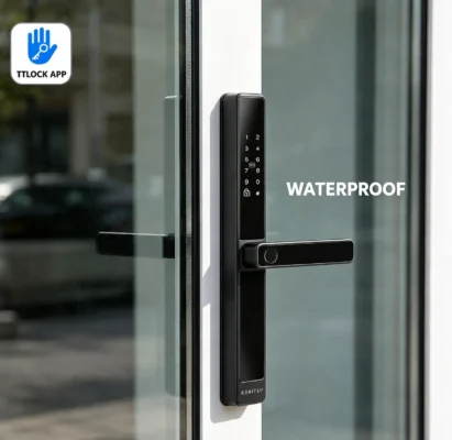 Khóa Kenitsu SS8 lắp trên cửa nhôm màu trắng
