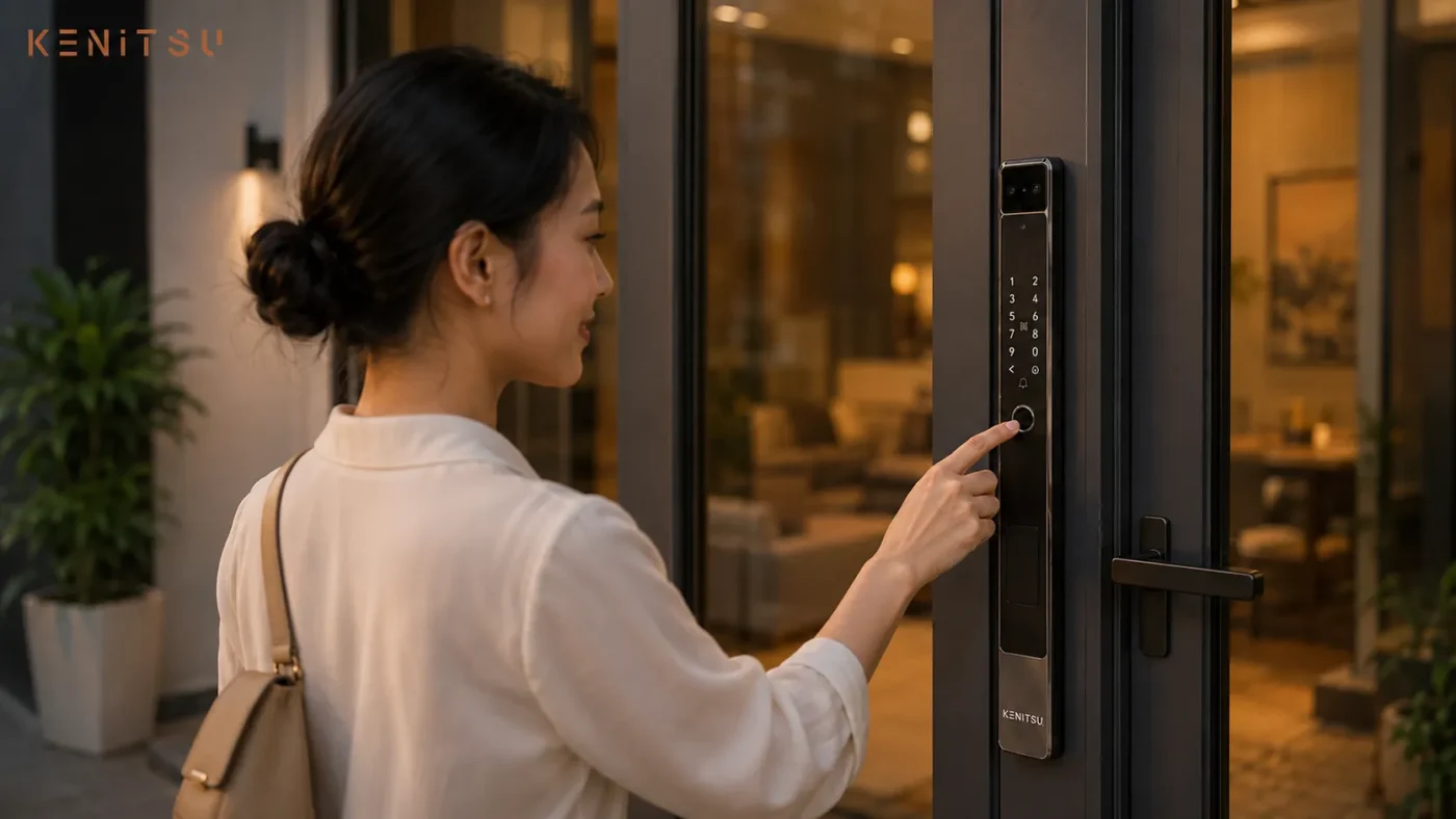 Khách hàng mở cửa nhôm Xingfa bằng vân tay trên khóa Kenitsu SD5