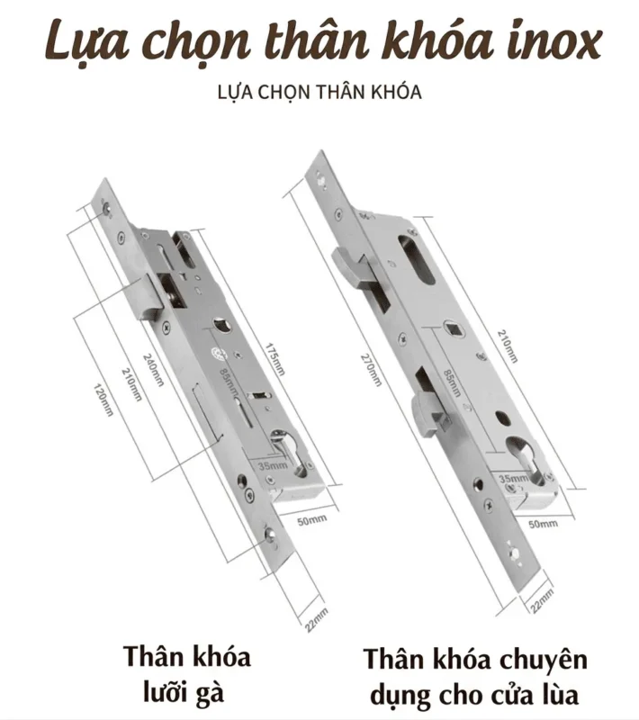 Hai lựa chọn thân khóa inox cho cửa mở quay và cửa lùa