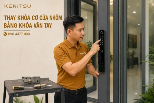 Thay khóa cơ cửa nhôm bằng khóa vân tay Kenitsu