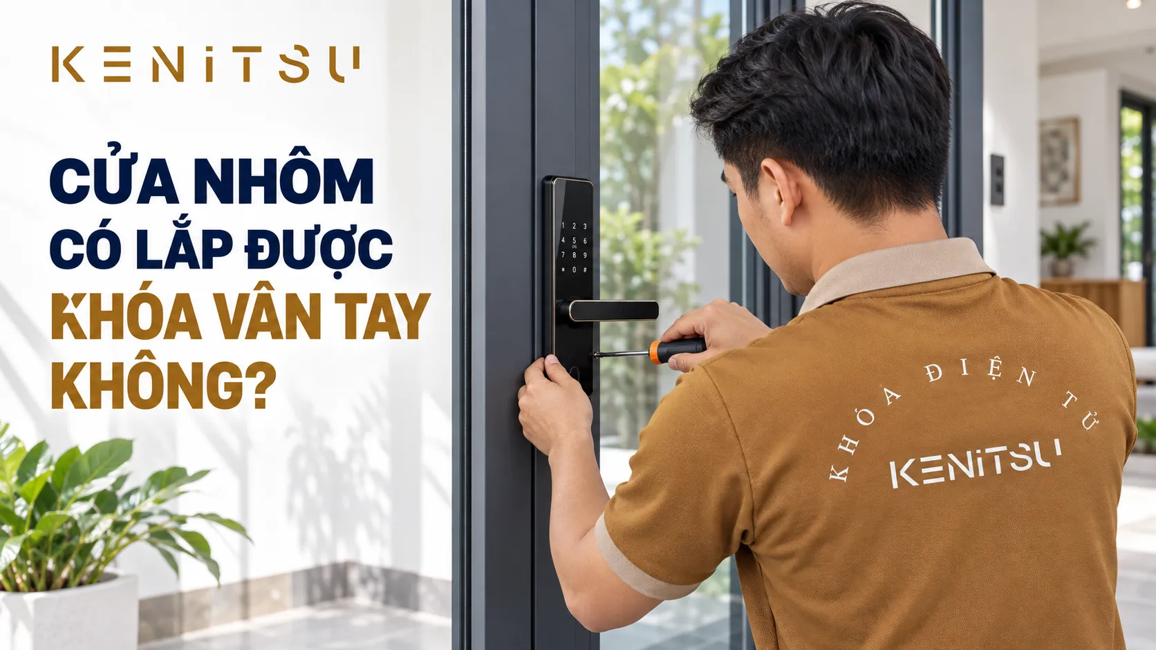 Cửa nhôm có lắp được khóa vân tay không – minh họa kỹ thuật viên Kenitsu lắp đặt khóa.