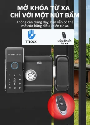 Khóa cổng Kenitsu MGW cùng điều khiển từ xa và biểu tượng TTLock.