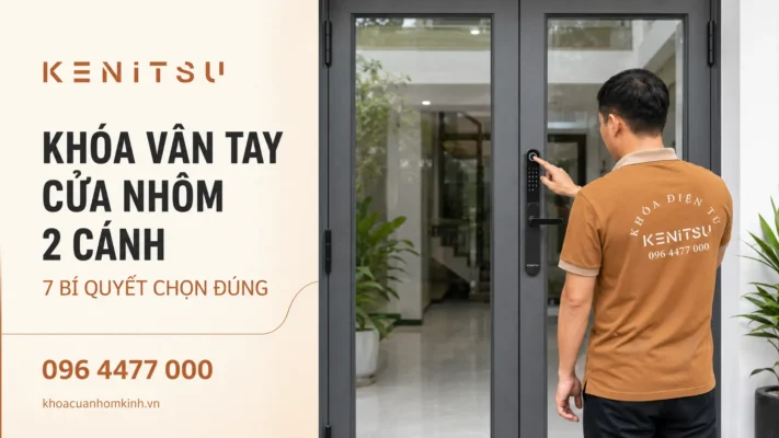 Khóa vân tay cửa nhôm 2 cánh Kenitsu SX8 và kỹ thuật viên hướng dẫn mở cửa.