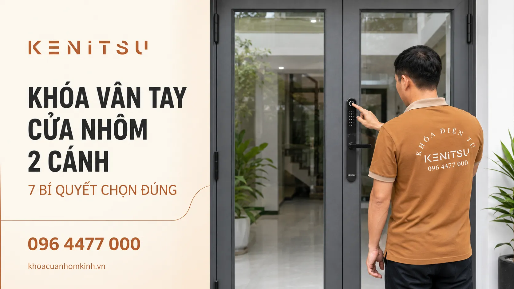 Khóa vân tay cửa nhôm 2 cánh Kenitsu SX8 và kỹ thuật viên hướng dẫn mở cửa.
