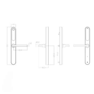 Bản vẽ mặt khóa Kenitsu SX8 cao 330 mm, rộng 40 mm và kích thước tay gạt