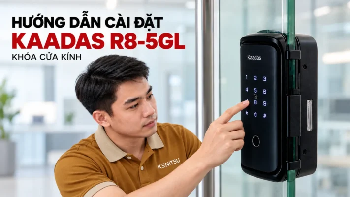 Minh họa kỹ thuật viên Kenitsu hướng dẫn cài đặt khóa Kaadas R8-5GL trên cửa kính.