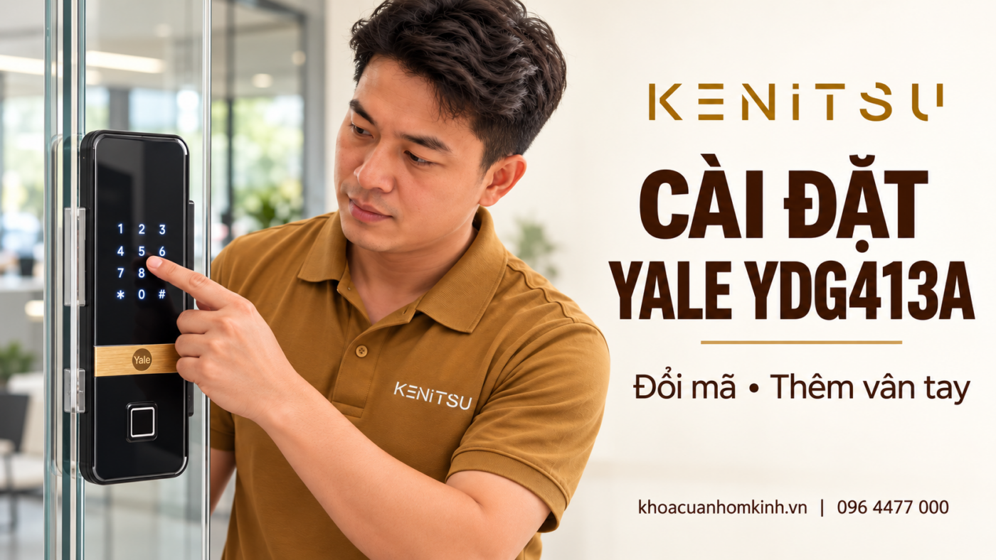 Minh họa kỹ thuật viên Kenitsu cài đặt khóa Yale YDG413A trên cửa kính.