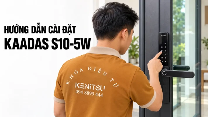 Nhân viên mặc đồng phục Kenitsu cài đặt khóa Kaadas S10-5W trên cửa nhôm kính.