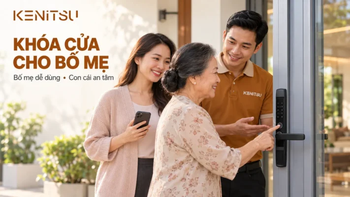 Minh họa khóa vân tay cửa nhôm cho người lớn tuổi với con gái và kỹ thuật viên Kenitsu bên cạnh.