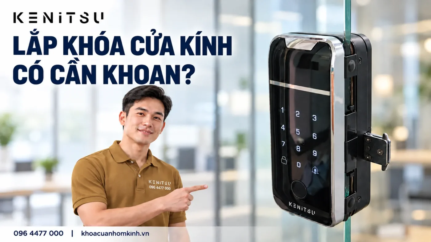 Lắp khóa vân tay cửa kính có cần khoan không? 5 lưu ý 1 Lắp khóa vân tay cửa kính có cần khoan không – ảnh minh họa kỹ thuật viên Kenitsu và khóa cửa kính.