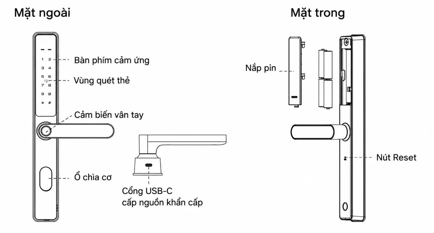 Cài đặt khóa Kaadas S10-5W: Mật khẩu, vân tay, thẻ từ 2 Sơ đồ bàn phím, vùng quét thẻ, cảm biến vân tay, ổ chìa cơ, cổng USB-C và nút Reset của Kaadas S10-5W.